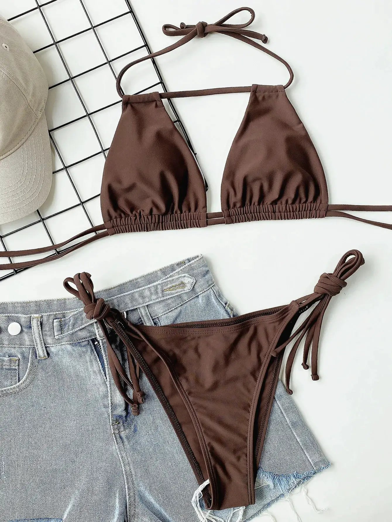 Simples Market brown two-piece bikini set with halter triangle top and strappy bandage bottoms
