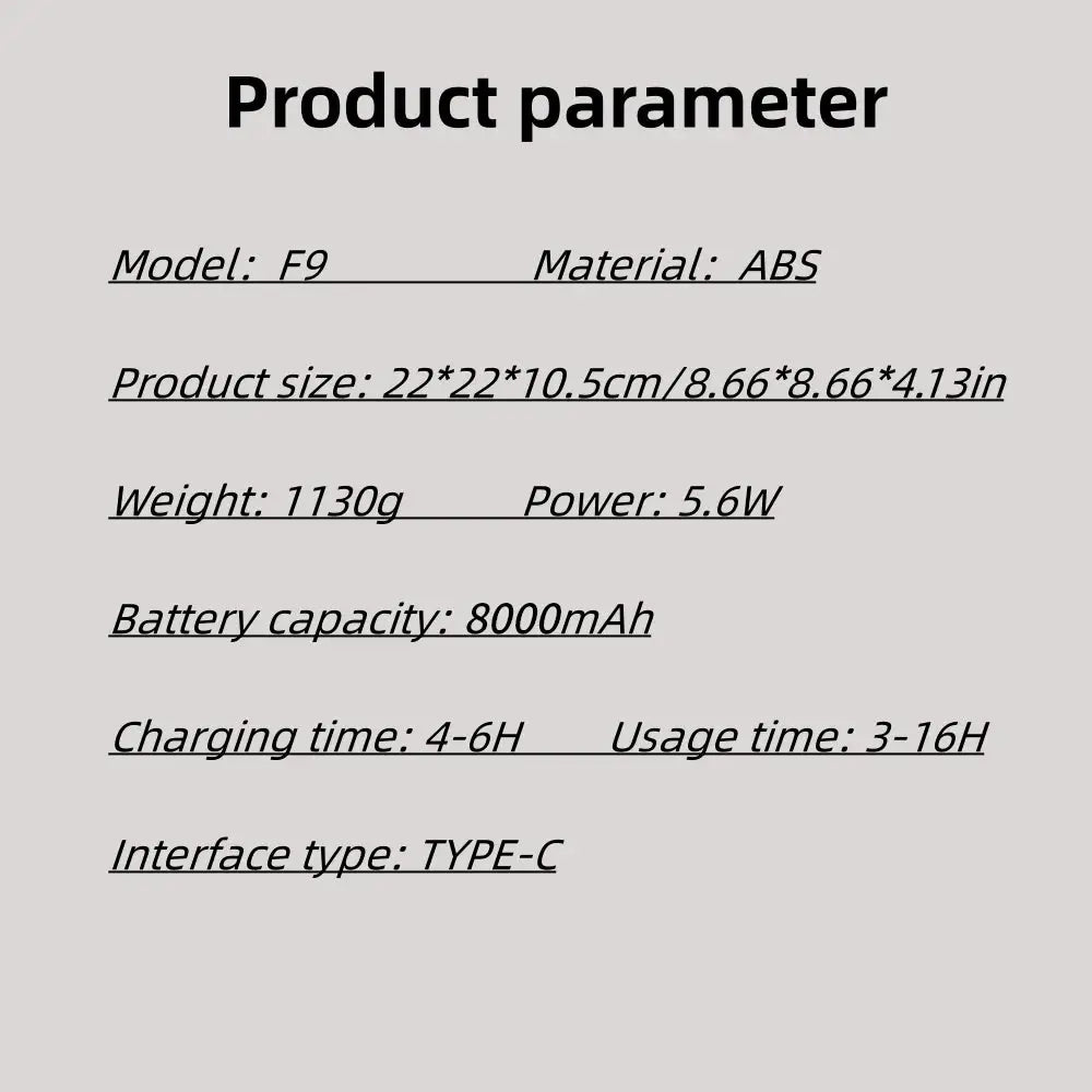 F9 model fan spec sheet showing ABS body, 8000mAh battery, TYPE-C interface