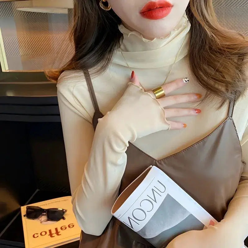 Simples Market sexy beige mesh T-shirt blouse, long sleeves, see-through lace top