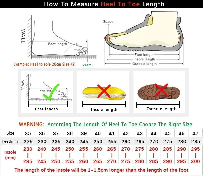 Simples Market leather sneakers size chart with heel-to-toe measurement guide and size table 35–47.