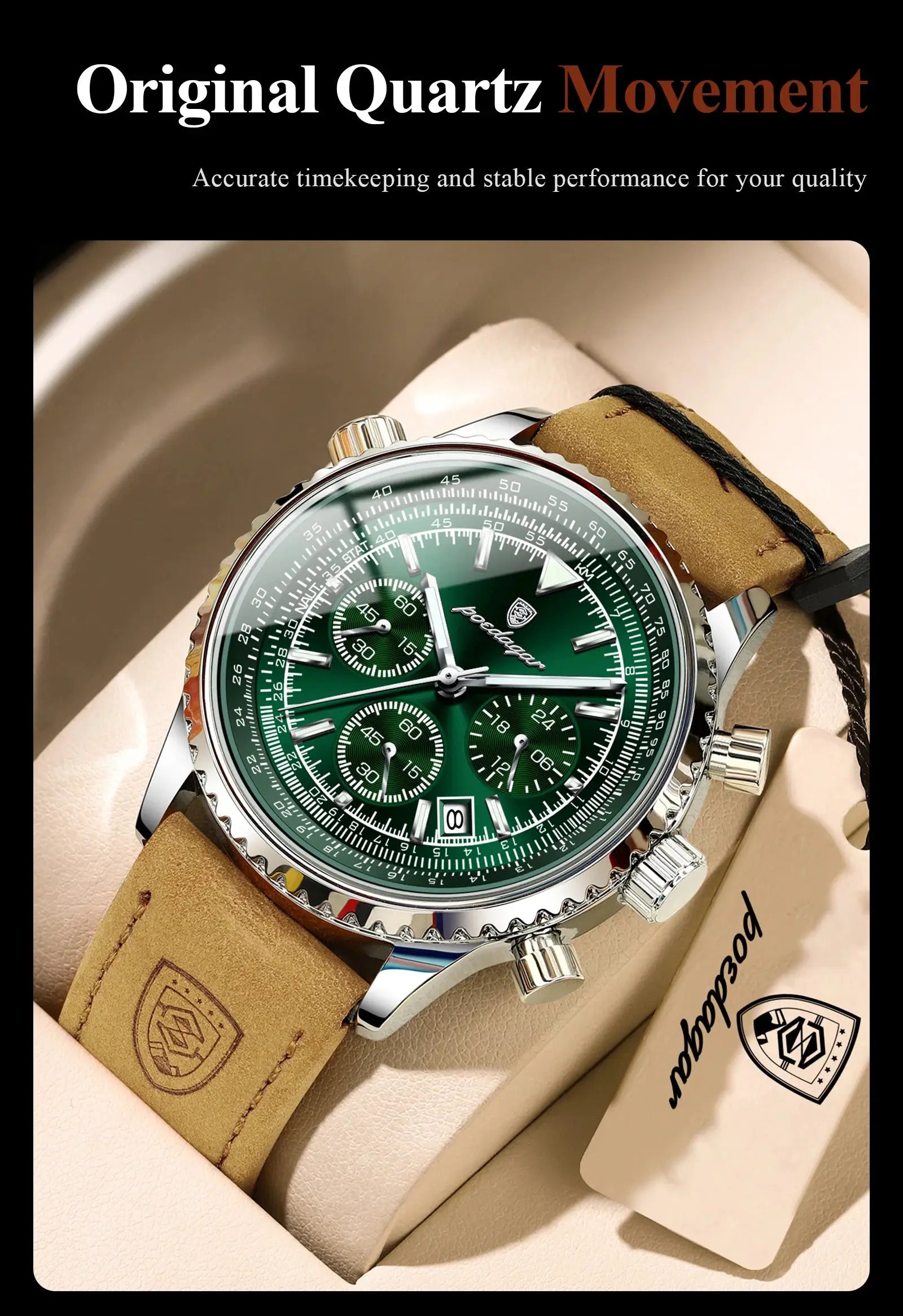 POEDAGAR men's waterproof leather-strap wristwatch with green chronograph dial and luminous markers