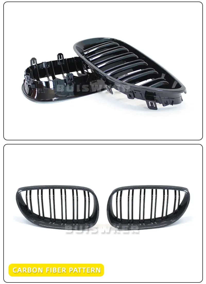 BMW E60/E61 kidney grille for the front bumper, gloss black double slat with carbon fiber pattern