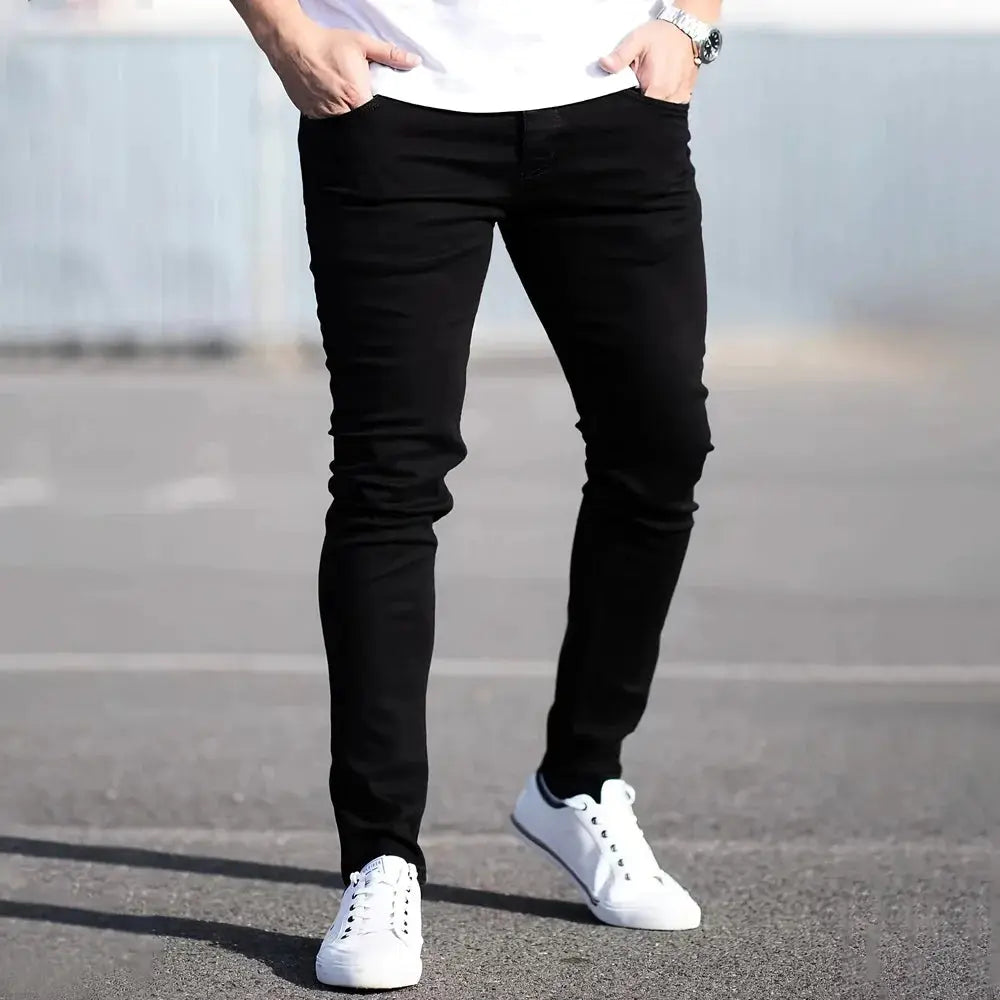Spring Men Slim Fit Jeans Pure Color Stretch Denim Vintage Wash Casual