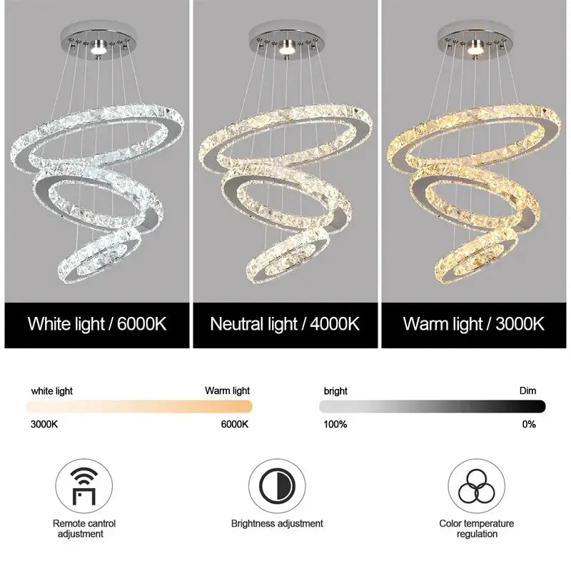 Simples Market modern crystal spiral LED chandelier, chrome finish; remote dimming and 3000K–6000K color temps.