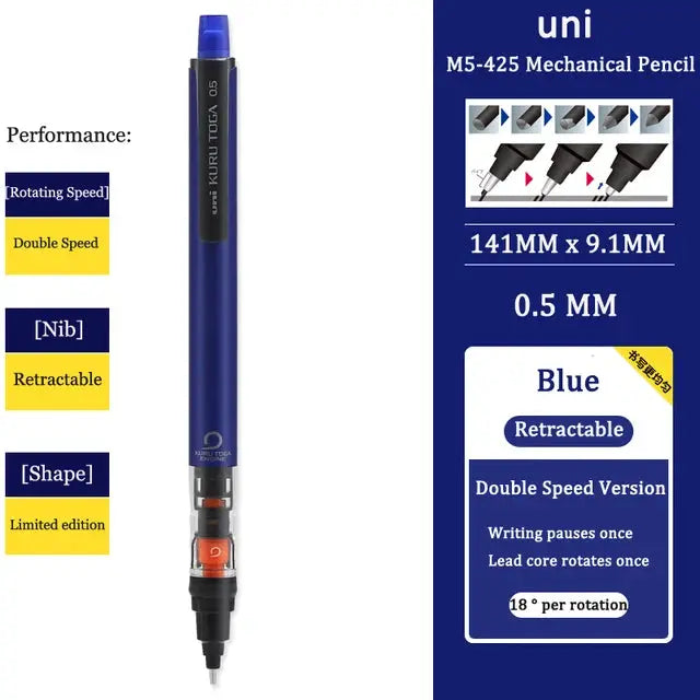 UNI KURUTOGA blue retractable 0.5mm mechanical pencil with rotating lead; packaging shows uni branding