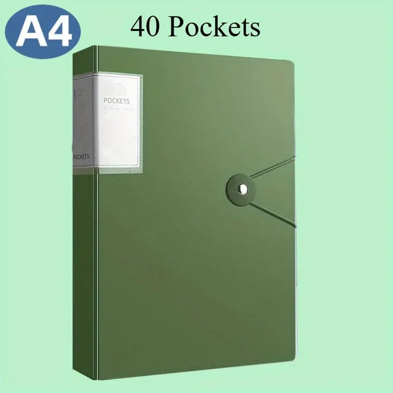 Green A4 document binder with elastic closure and 40 pockets for designers, architects, and students