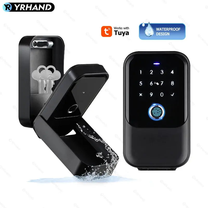 YRHAND smart lockbox with fingerprint keypad, waterproof design, black portable security box