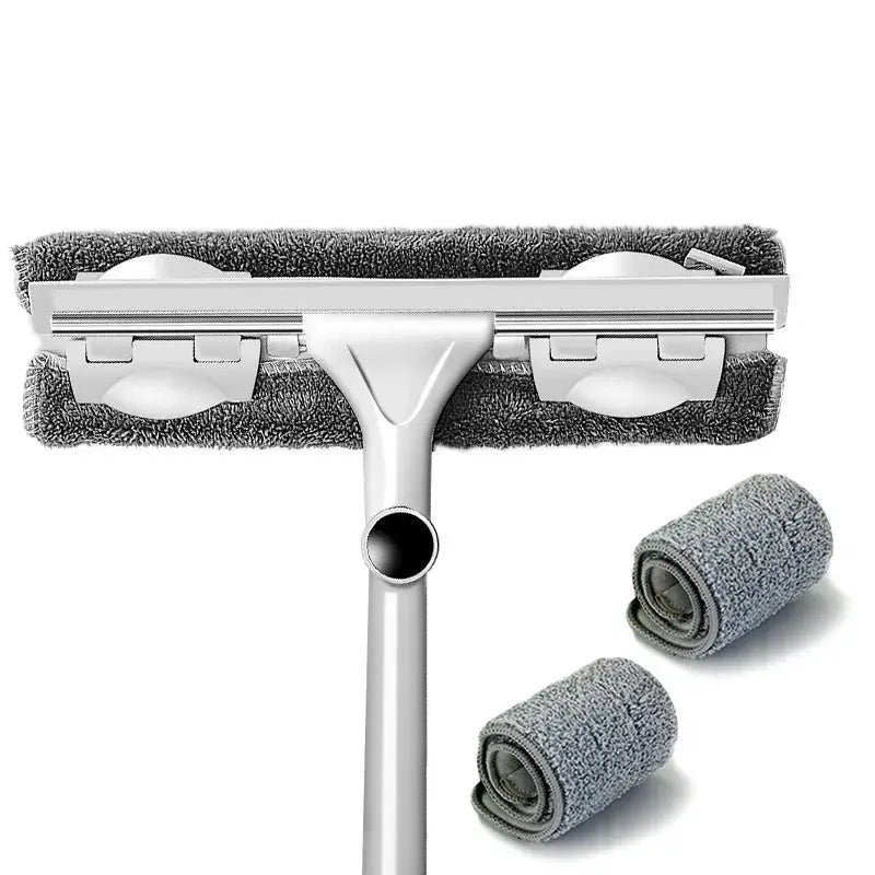 Telescopic window cleaning mop by Simples Market with microfiber pad; silver handle and two replacement rollers