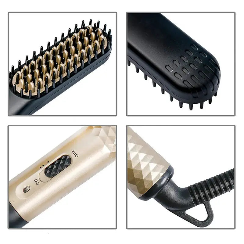 Hot comb straightener by Simples Market, gold-beige handle, negative-ion heating for beard and hair