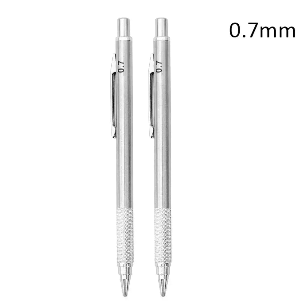 Simples Market metal mechanical pencil set; 2 silver pencils with knurled grip and 0.7mm lead