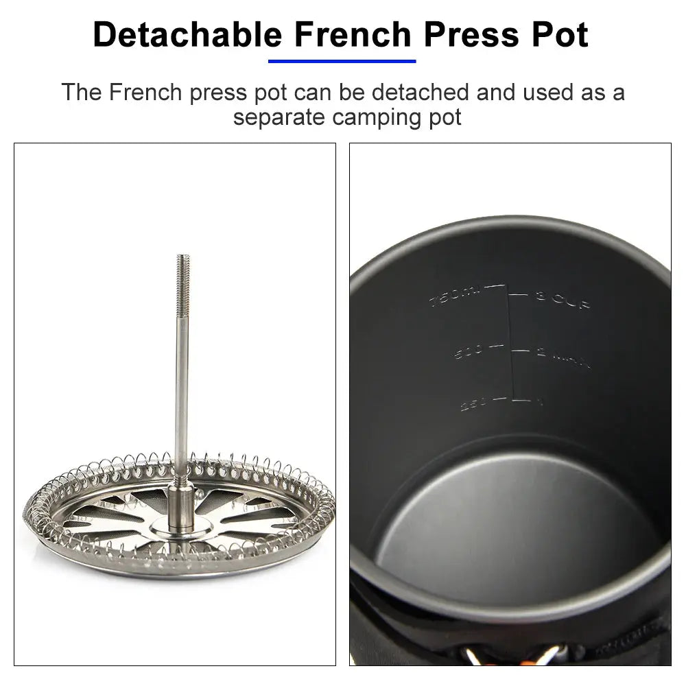 Widesea camping cooking system with detachable French press pot, stainless steel burner and inner measurement marks