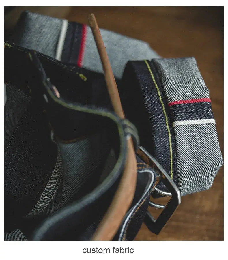 Maden Retro 14.5oz selvedge raw denim jeans in dark indigo with red selvedge edge and yellow stitching