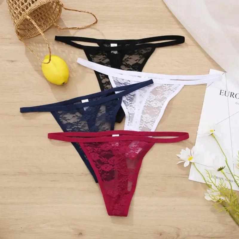 5-piece women's lace thong panty set in assorted colors with floral lace detailing