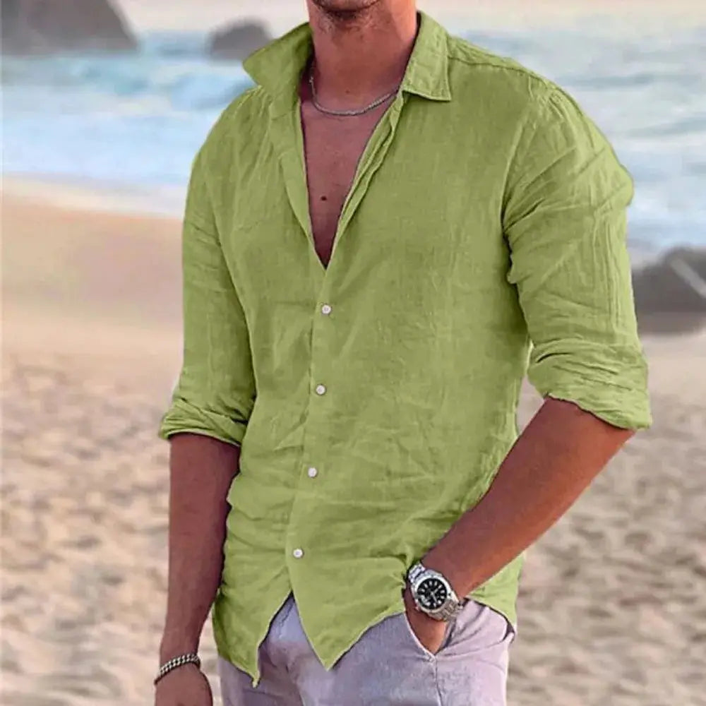 Men's lime green linen shirt, solid with rolled sleeves, long-sleeve collared button-down at the beach