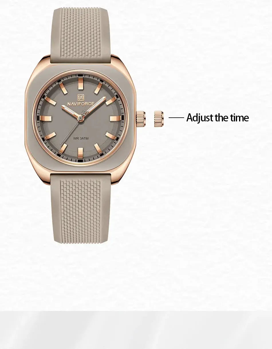 NAVIFORCE women's silicone quartz watch with rose-gold case, gray dial and beige strap