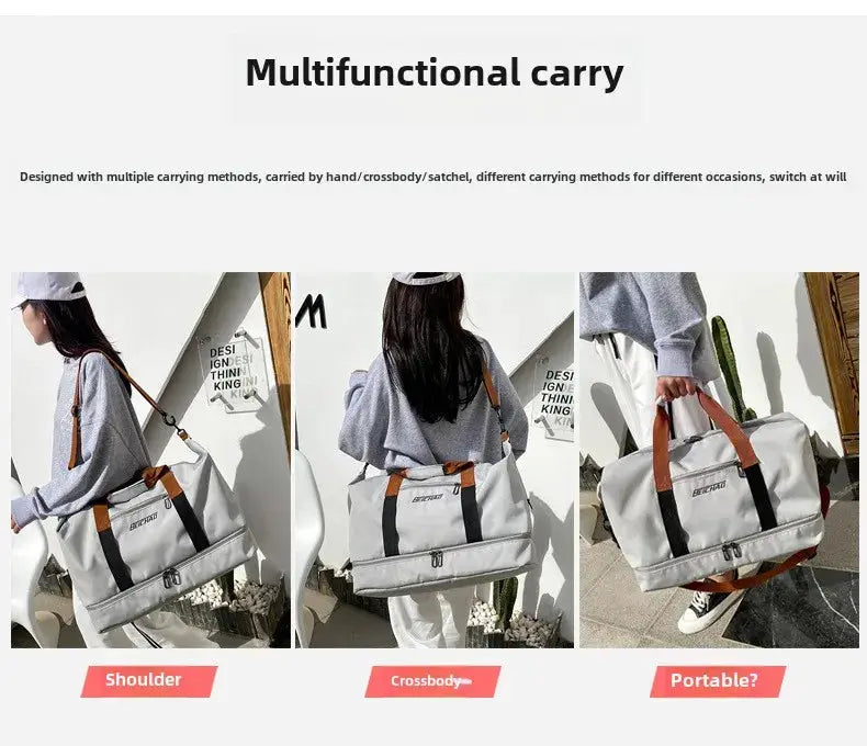 Expandable travel duffle bag by Simples Market in light gray with brown straps; versatile shoulder/crossbody carry