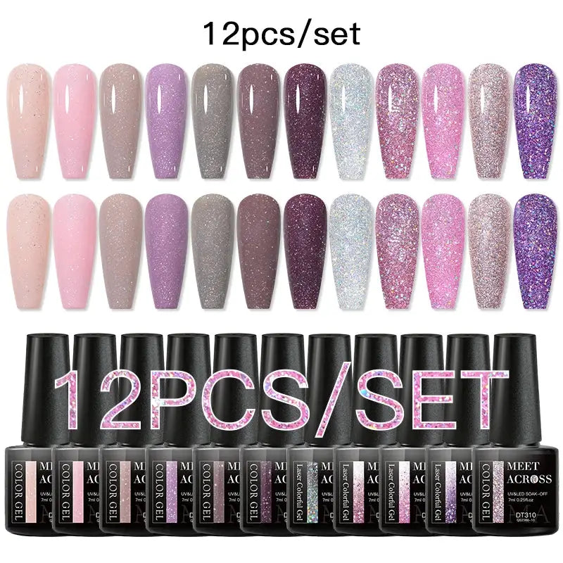 12-piece pink glitter gel nail polish set by Simples Market with 12 color bottles