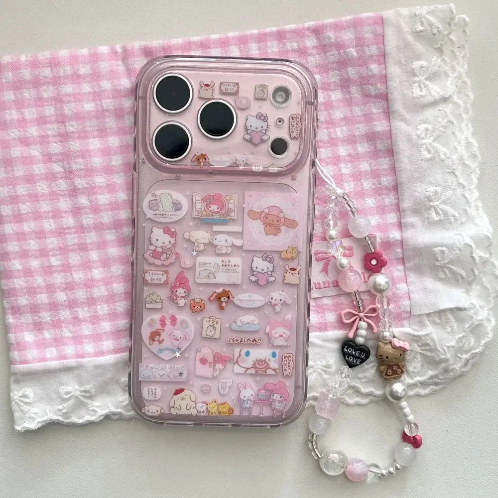 Pink Hello Kitty iPhone case with clear back and attached beaded charm bracelet