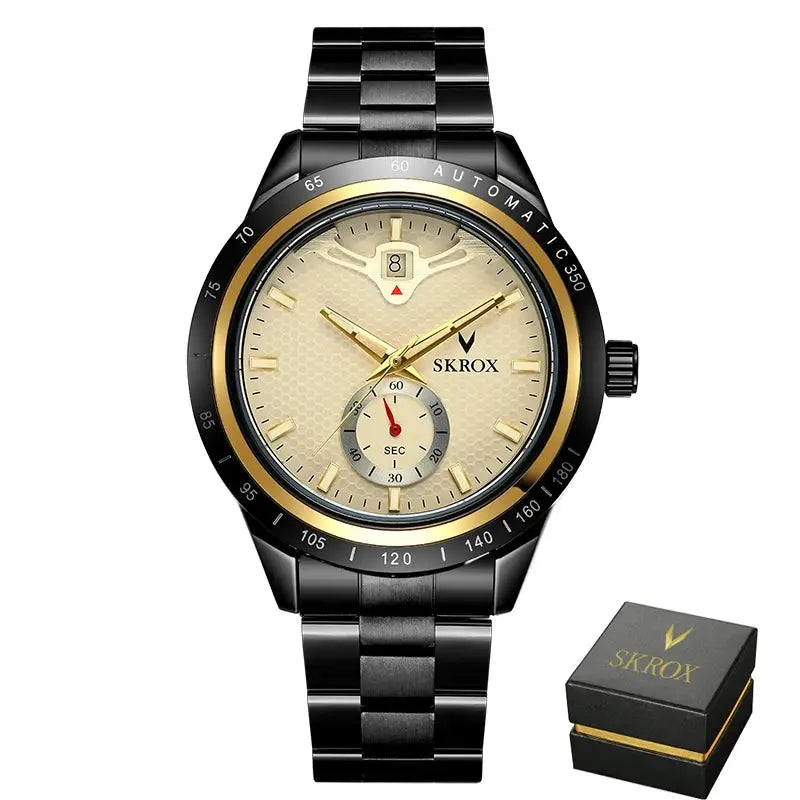 SKROX luxury sapphire stainless steel automatic men's watch with black bracelet and gold bezel, includes box