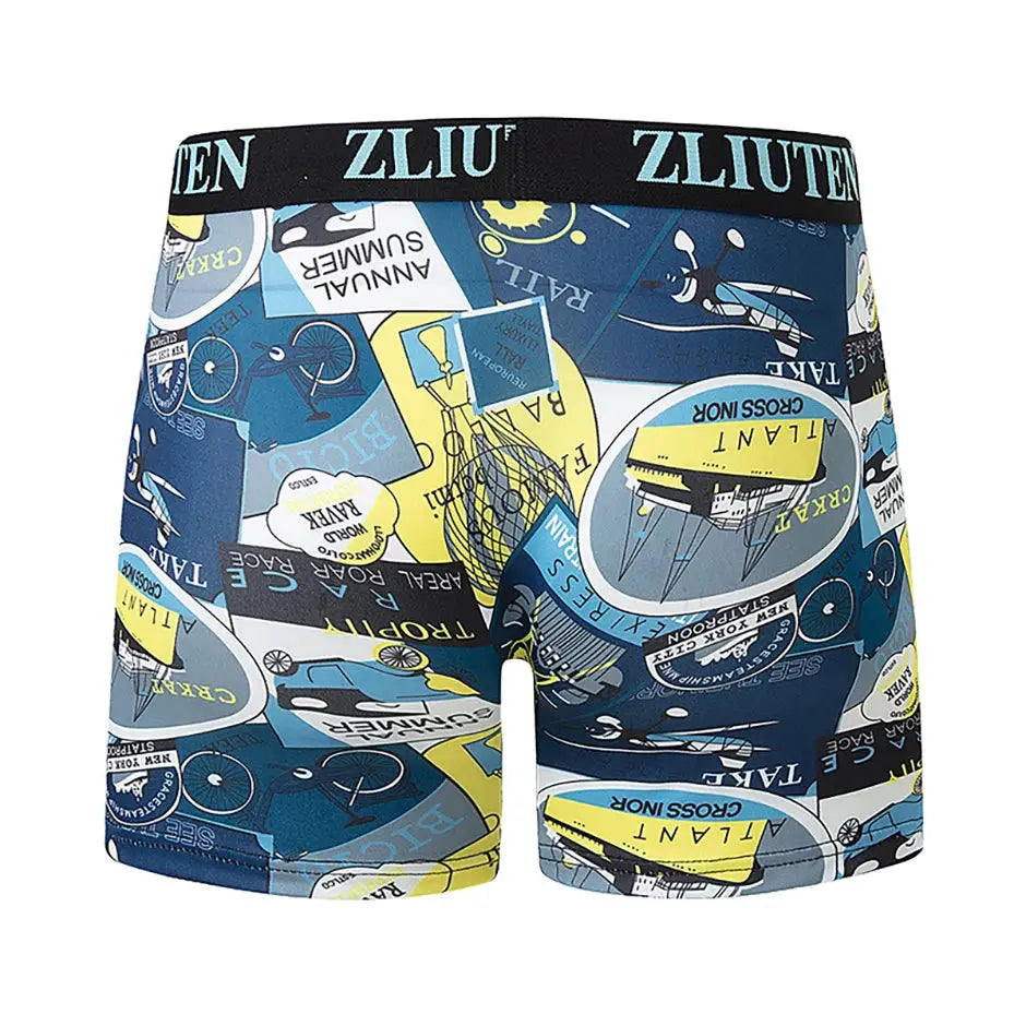 Men's boxer briefs with blue-yellow graphic print and black waistband featuring ZLIUTEN logo