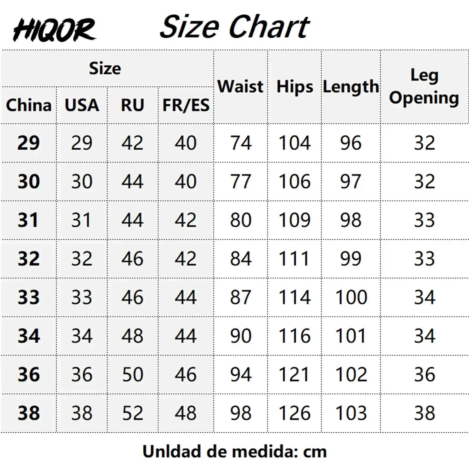 HIQOR men's winter cargo pants size chart showing waist, hips, length and leg opening by country.