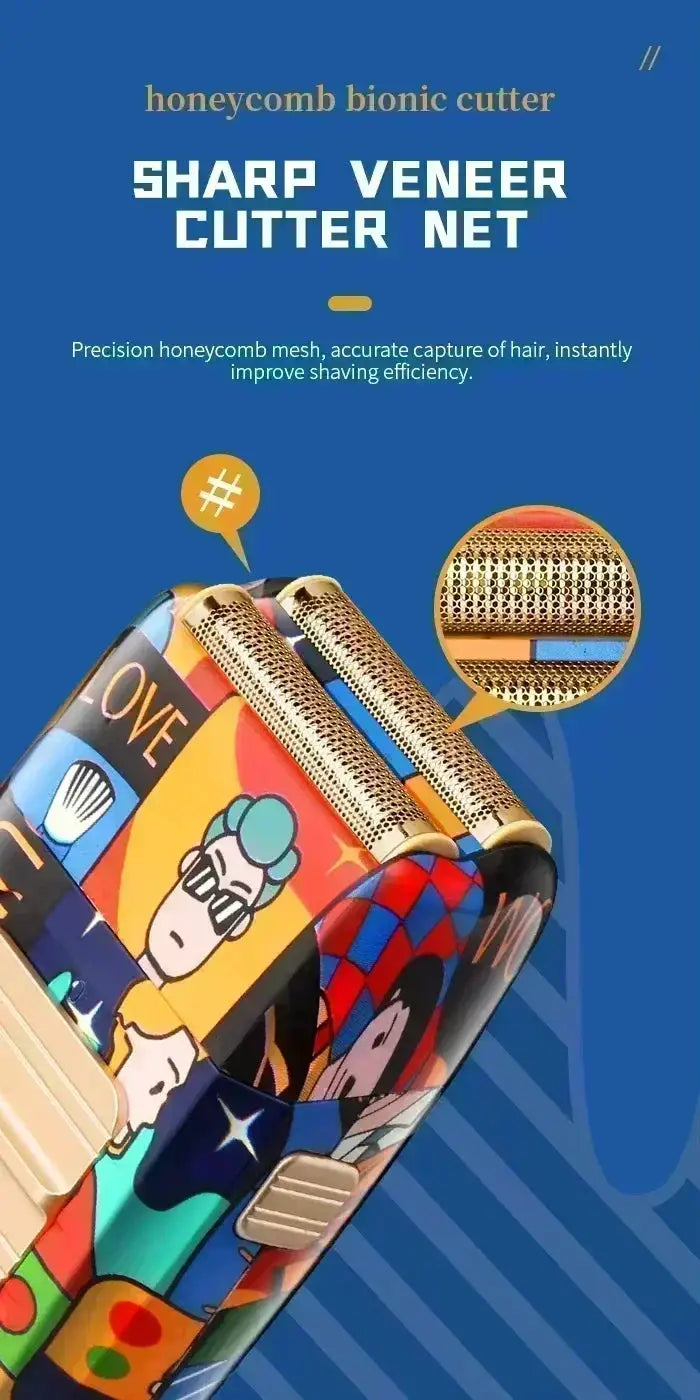 Kemei professional electric hair clipper with graffiti-pattern body, rechargeable men's shaver