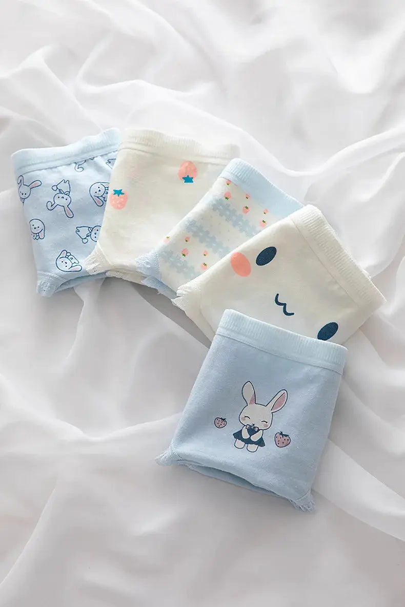 4-pack cotton panties for women in pastel blue and cream with bunny and strawberry prints