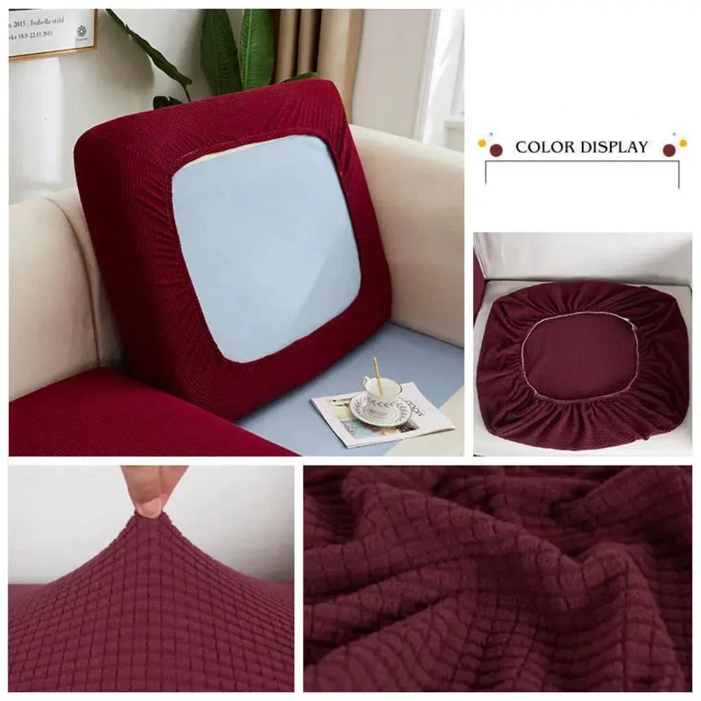 Thick elastic sofa cover set in burgundy red; solid color removable couch cushion slipcover with grid textured fabric