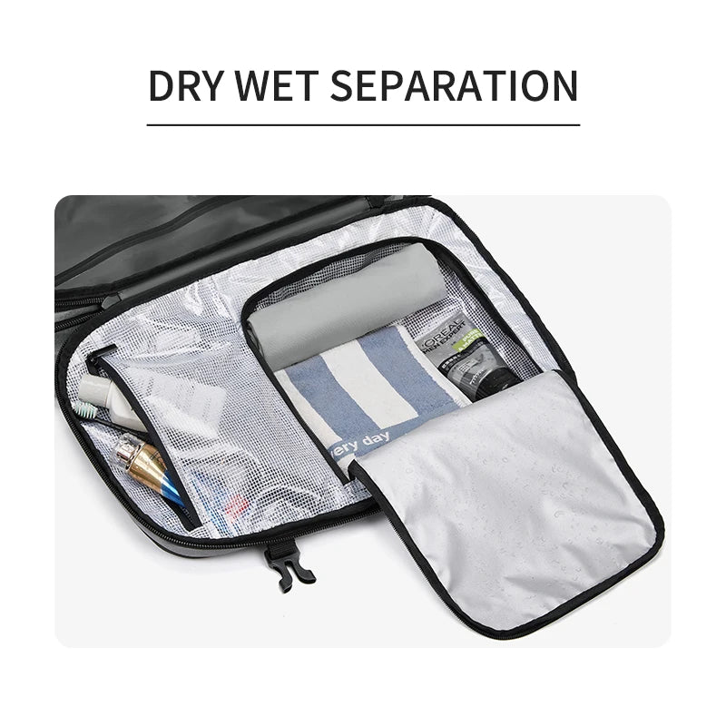 Men travel backpack with dry-wet separation, black exterior, 17-inch laptop compartment