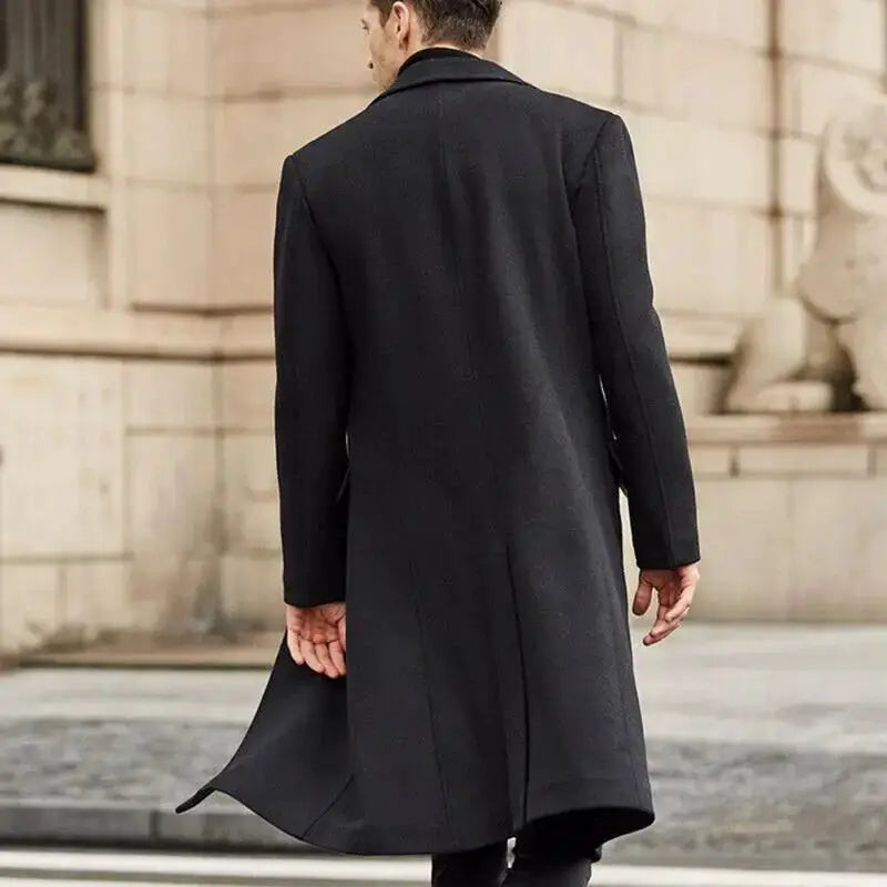 Men's black wool overcoat, long-length outerwear for autumn/winter