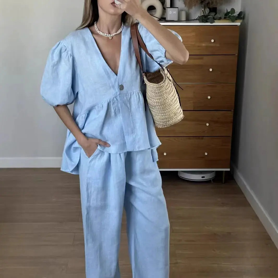 Women Two Piece Set Solid Color V Neck Short Sleeve Top And Long Pants