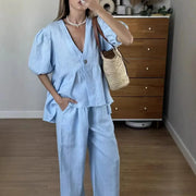 Women Two Piece Set Solid Color V Neck Short Sleeve Top And Long Pants