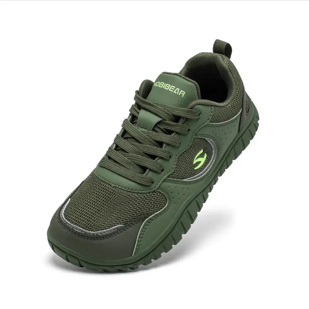 HOBIBEAR unisex wide-toe sneakers in olive green with breathable mesh and lace-up design