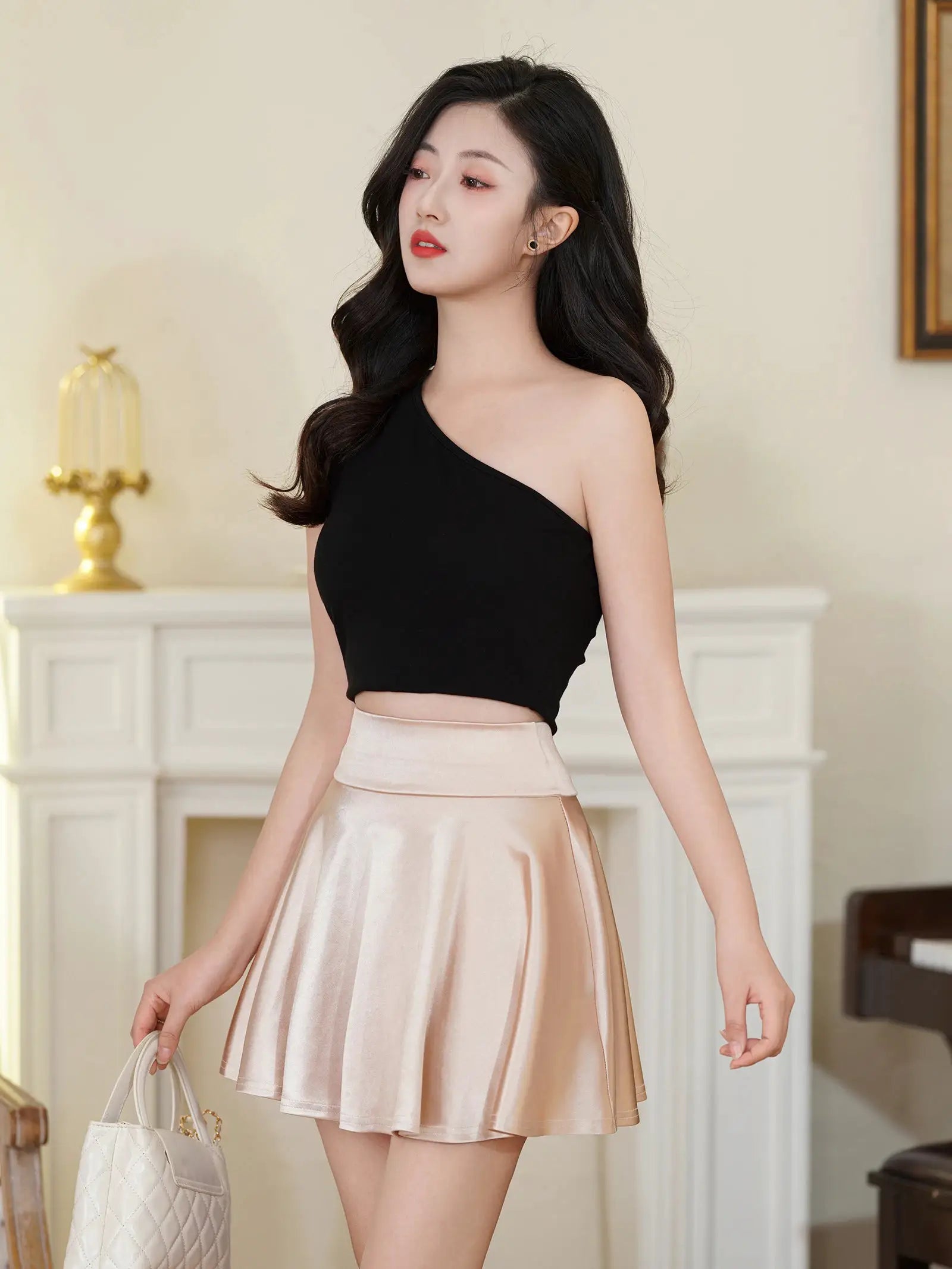 BABYONLINE Elegant Satin Flared Mini Skirt, champagne color, high waist, Simples Market