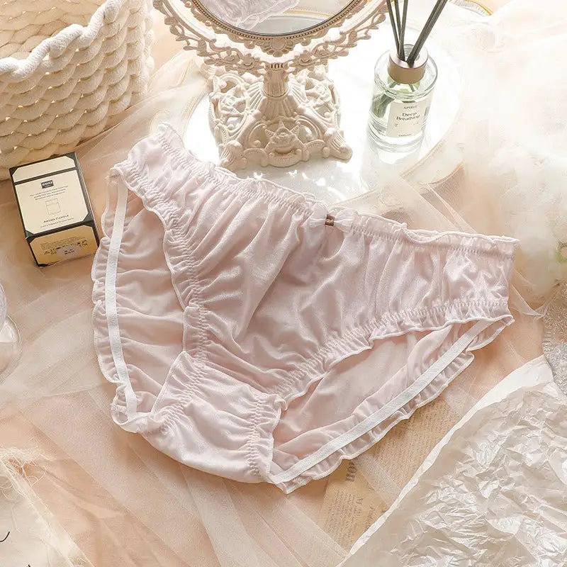 Simples Market women's large-size pink ice-silk panties with ruffled edges
