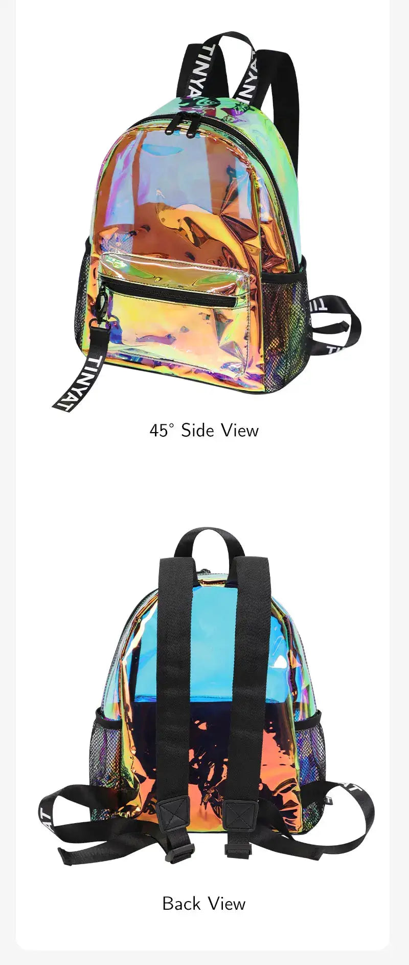 TINYAT PVC clear backpack for women with iridescent finish and front zip pocket, black straps