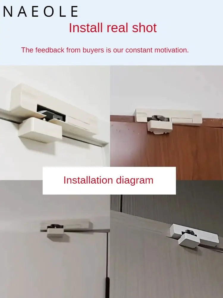 Door closer stopper automatic closer for doors, white plastic, Simples Market; four installation views