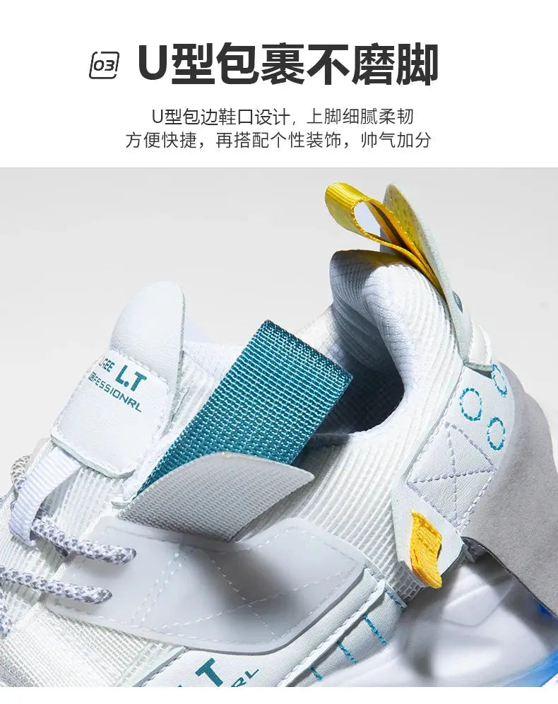 Men's white breathable sneaker with teal strap and yellow pull tab by Simples Market
