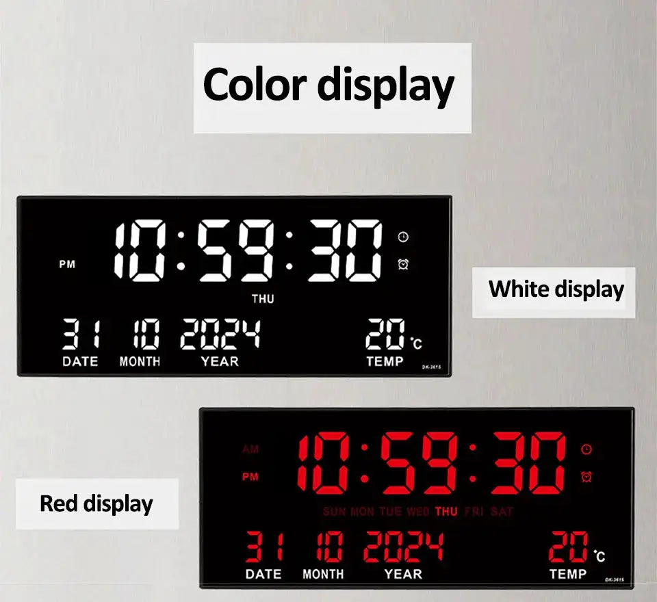 Simples Market 14-inch digital LED wall clocks with date, calendar, temperature and 8 alarms; white and red displays (two clocks).