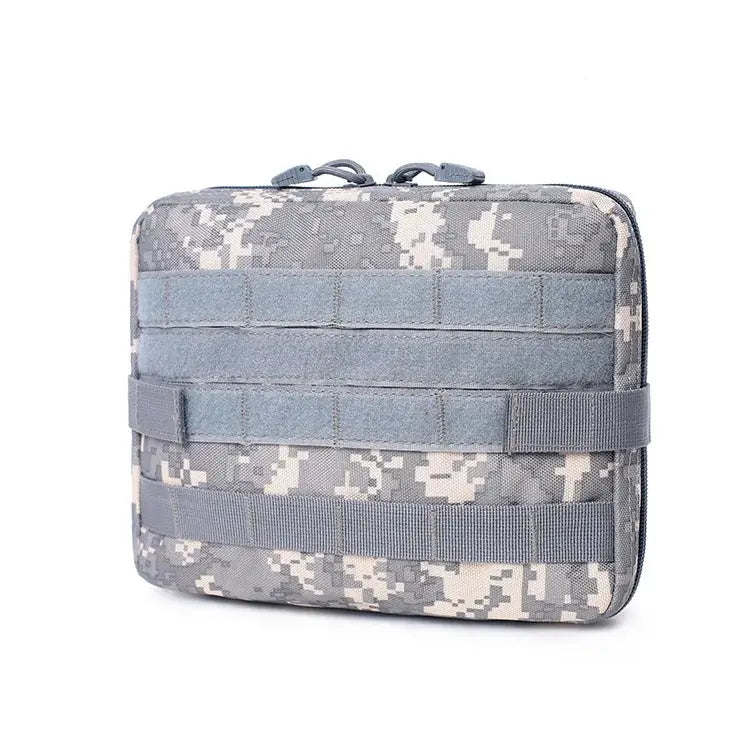 Molle pouch bag Simples Market; gray digital camouflage tactical EDC bag with blue MOLLE straps