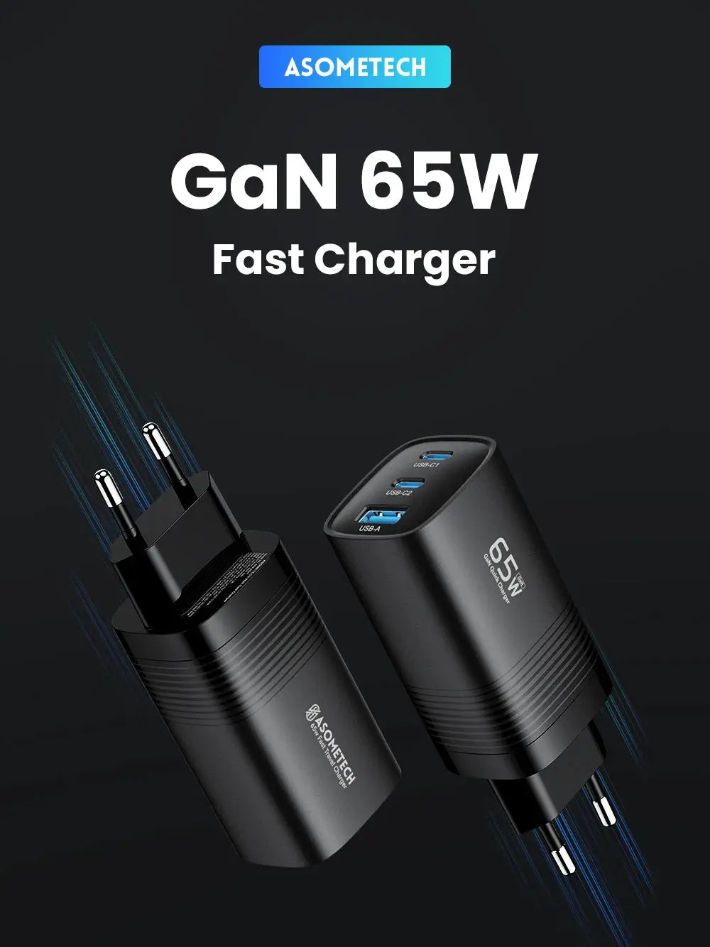 ASOMETECH GaN 65W USB-C fast charger, 2-pack, black, multi-port