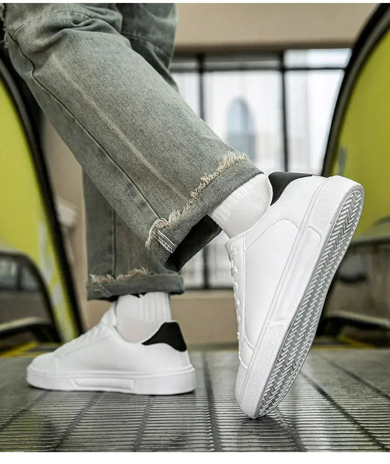 Men's PU leather sneakers, white with black heel patch, casual footwear