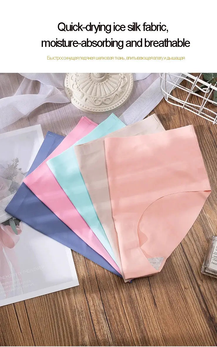 Plus-size women's ice-silk seamless panties, 6-pair solid color set