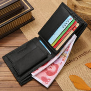 Black leather long wallet for men with multiple card slots and colorful cards visible