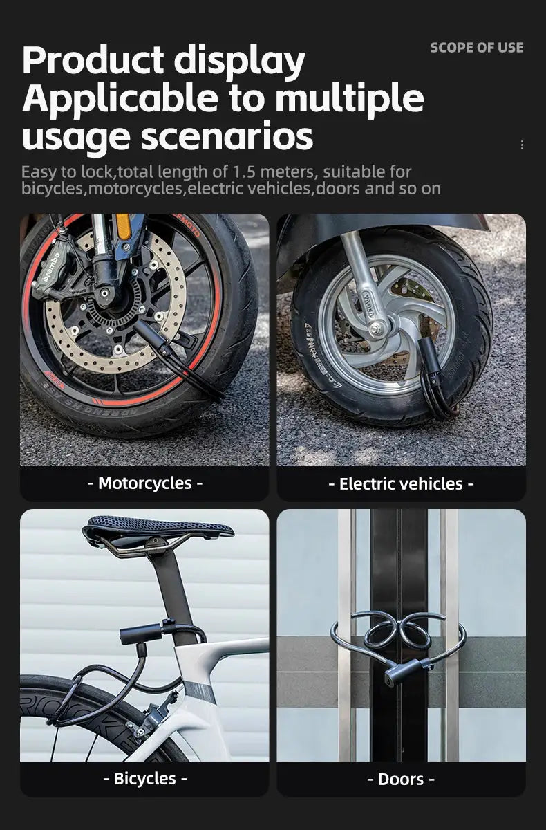 RockBros portable anti-theft bicycle lock with keys; zinc alloy round cable for bicycles, motorcycles and scooters