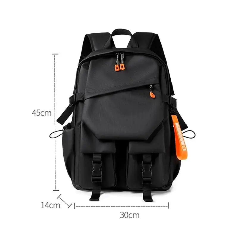 Luxury men's backpack, black with orange zipper pulls, high-capacity 15.6-inch laptop bag with multiple pockets