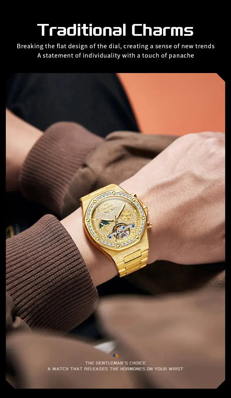 OLEVS gold-tone steel men's watch with skeleton tourbillon dial on a brown-sleeved wrist