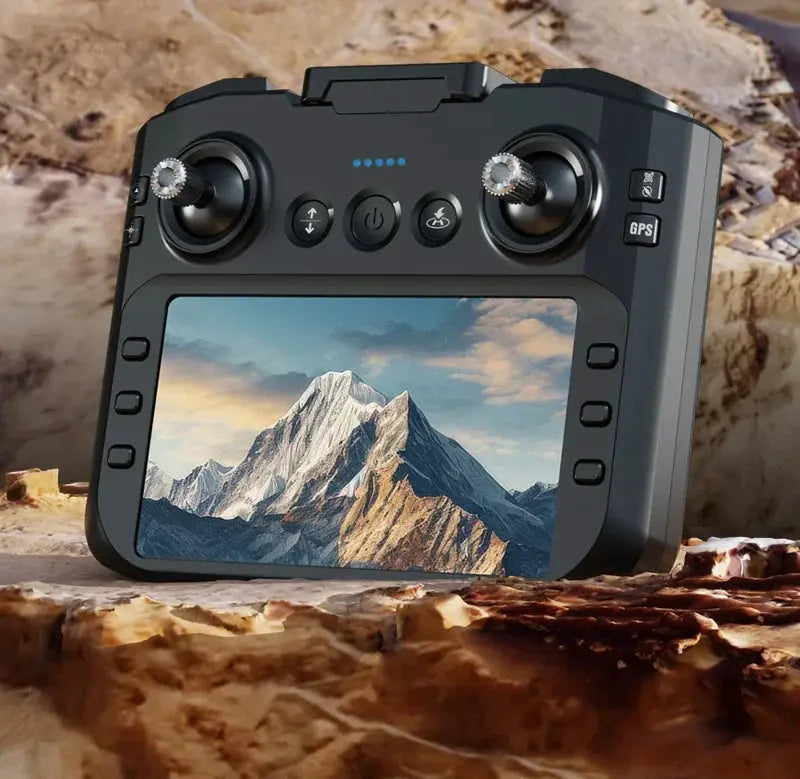 Drone remote controller with large built-in screen, black color and dual joysticks