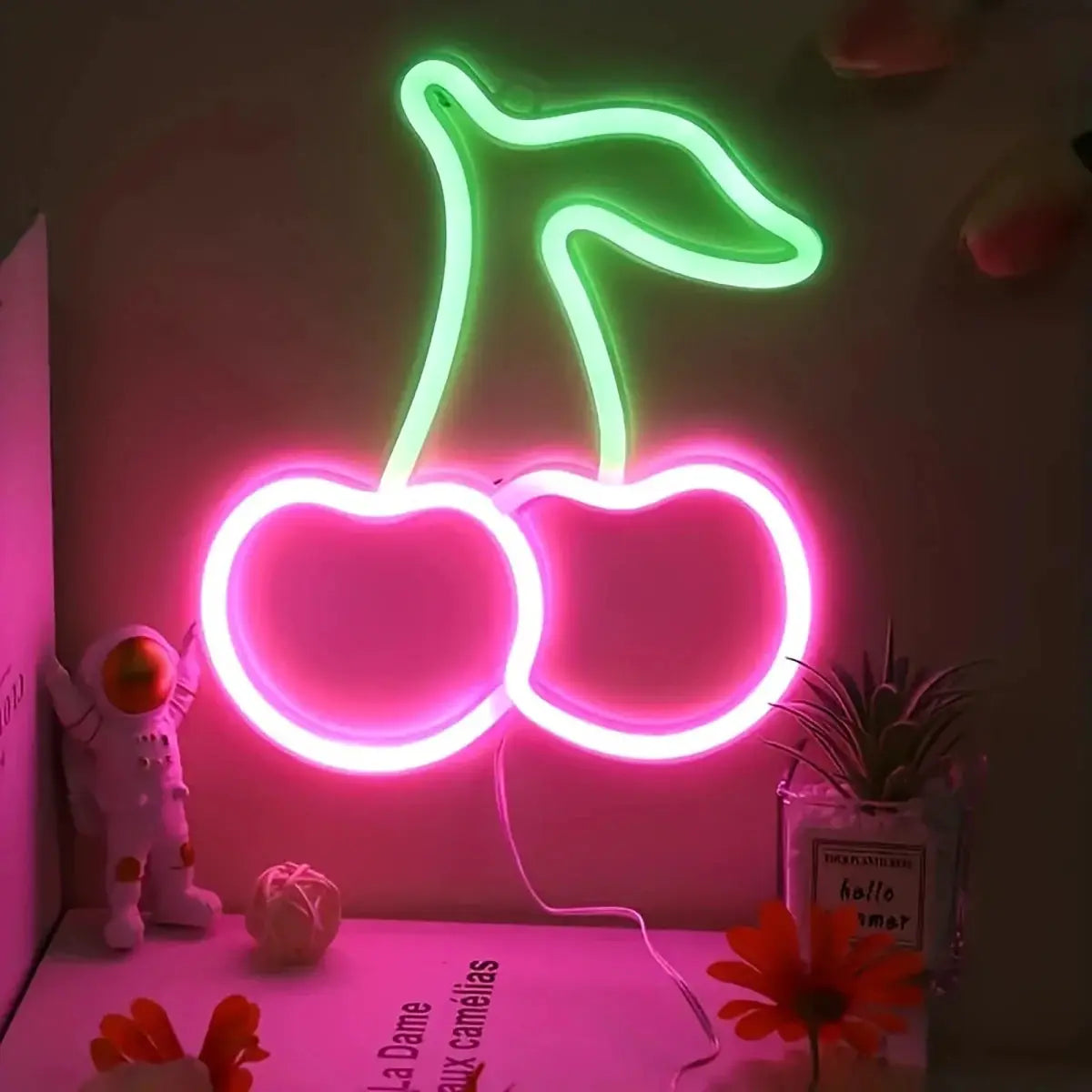 Cherry neon LED sign by Simples Market, pink cherries with green stem, USB or battery powered