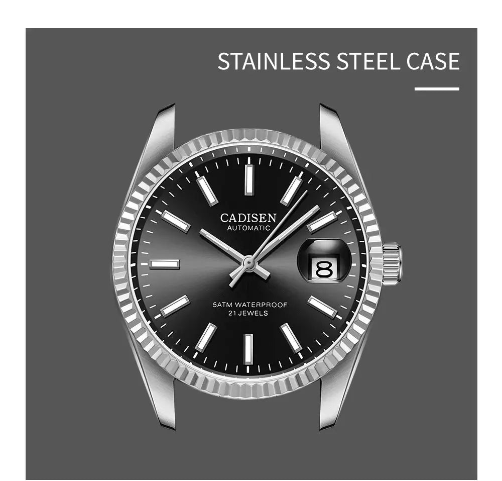 CADISEN stainless steel automatic men's watch with black dial and date window